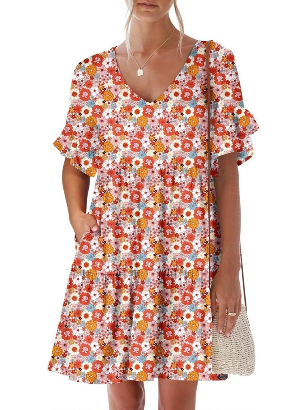 Anrabess Women's Orange Floral Neck Ruffle Sleeve A Line Tiered Mini Flowy Dress